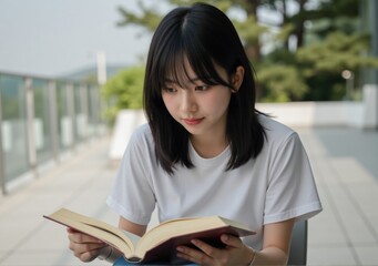 young woman sitting on a stone bench in a tree-lined campus park, deeply immersed in her book while the wind gently blows her black hair