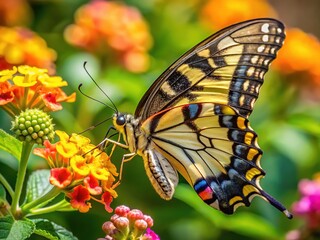 Fototapeta premium Lantana blooms, a swallowtail butterfly's feast, captured in a vibrant macro shot.