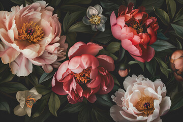 Dark floral vintage wallpaper. Elegant floral arrangement, the intricate details of the petal textures and natural hues