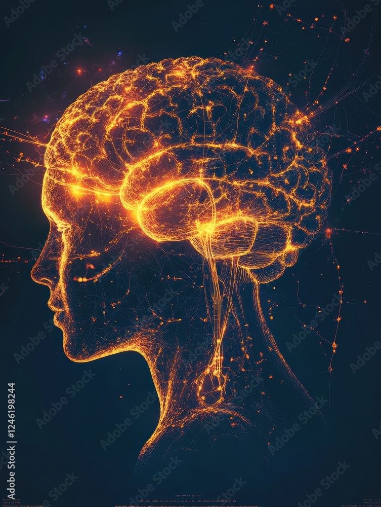 Aufkleber scientific depiction showcasing a glowing brain and nervous system with neuron pathways and electric
