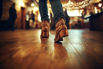 Fototapeta premium Person walking in stylish boots on wooden floor in lively venue