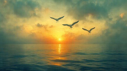 Fototapeta premium grunge background with birds flying over the sea by a serene cloud
