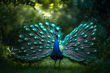 Obraz premium Majestic Peacock in Full Display Amidst Lush Greenery Capturing Nature's Elegance and Beauty