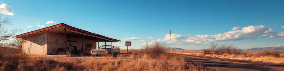 Obraz premium Abandoned Structure and Vehicle in Arid Landscape