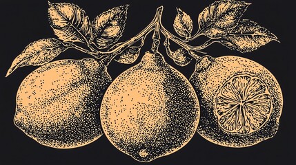 Three lemons with leaves, vintage illustration. Food design
