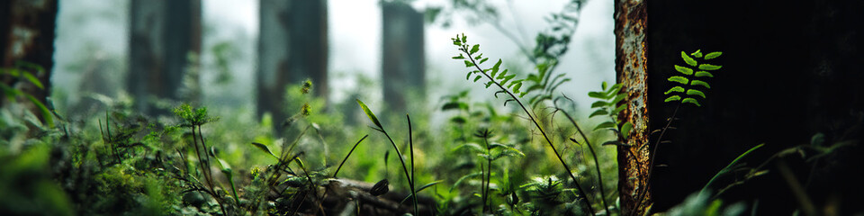Naklejka premium Forest Undergrowth with Weathered Tree Trunks and Fog