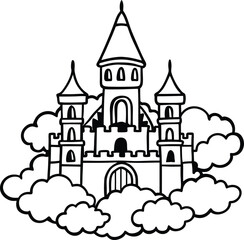 A whimsical, black and white illustration of a fairytale castle resting on clouds. coloring page for kids. KDP