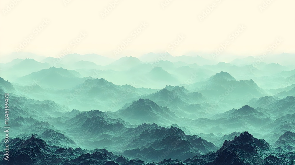 Poster an ethereal view of misty mountain ranges in soft teal hues, creating a serene and tranquil atmosphe