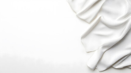 Piece of white silk sheet textile, light drapery, top view, on a white background