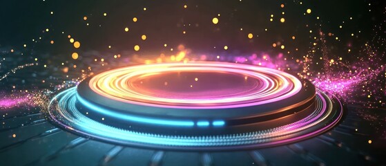 Obraz premium Colorful glowing circular platform with sparkles and light effects