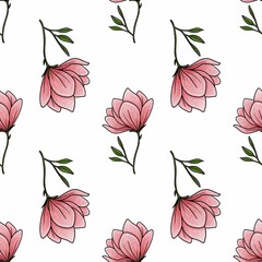 Seamless Pattern Stylish Magnolia Floral Small Design on White Background