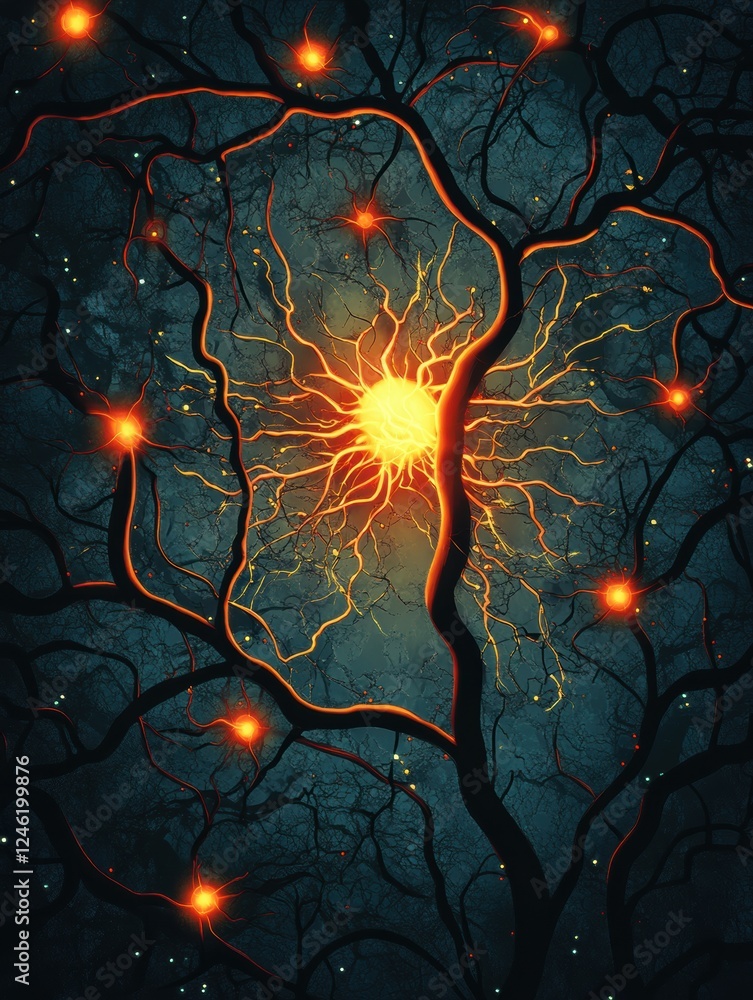 Poster exploring neural pathways and electrical pulses in the human brain and nervous system. generative ai