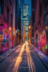 Night city alley, graffiti art, light trails, urban landscape, travel
