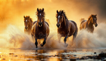 Wild horses gallop through a misty river, bathed in golden sunlight with dynamic splashes.