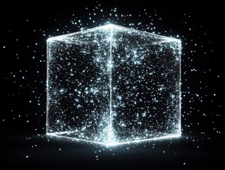 Illuminated cube with sparkling particles.