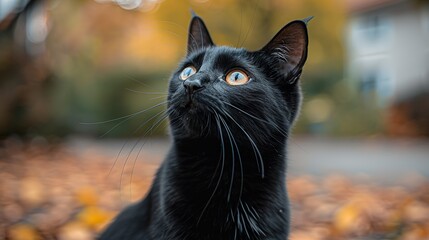 un chat noir qui regarde vers le haut, fond noir  HD 8K wallpaper Photographic Image