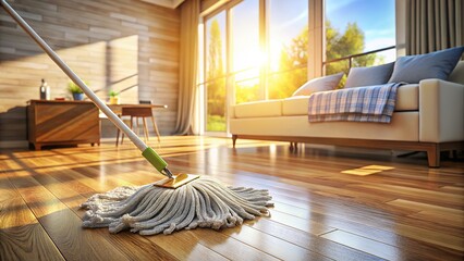 Mop shines bedroom floor, spotless.