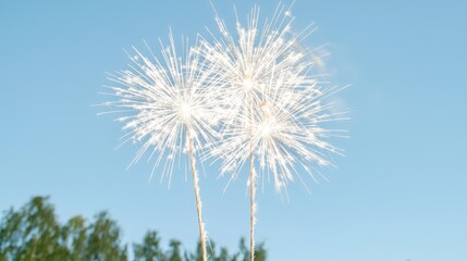Sparkling fireworks against blue sky, summer celebration