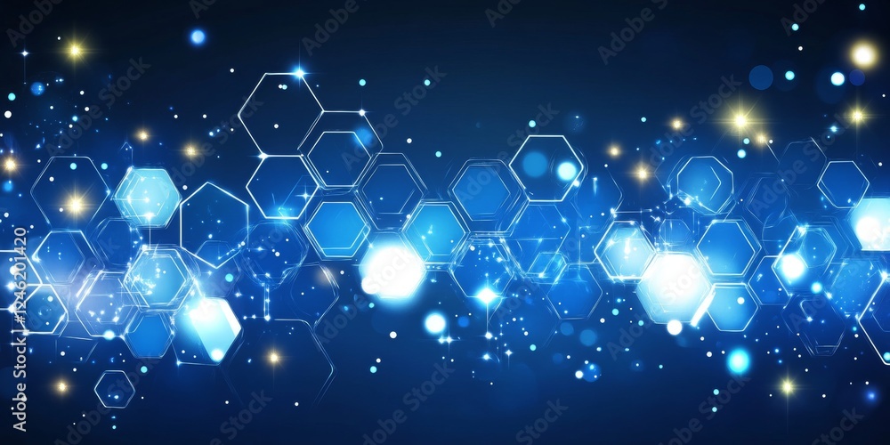 Poster Blue Hexagon Grid Network Glowing Spheres Dark Background Clean Vector Abstract Design