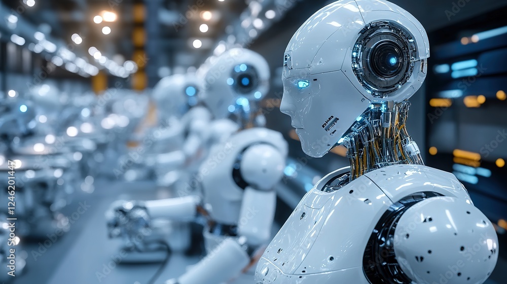 Poster a factory floor fully automated with ai-powered robotic systems.