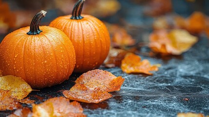 halloween background with pumpkins and cobwebs on rustic wooden table