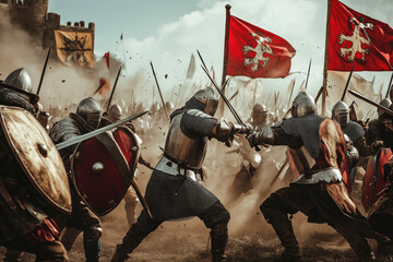 Fototapeta premium Knights in battle, fully armored, engaging in intense combat with red flags waving in background. Historic castle backdrop, creating dramatic, action-filled atmosphere