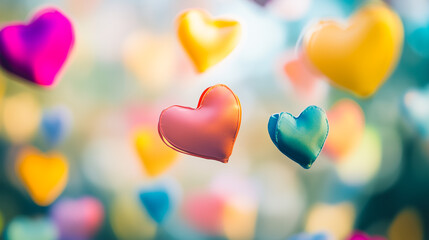 Fototapeta premium Colorful hearts floating in a serene environment, symbolizing love and connection.