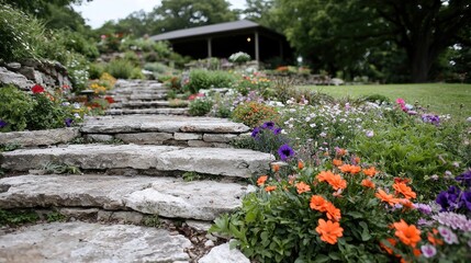 Fototapeta premium Stone steps lead to garden pavilion