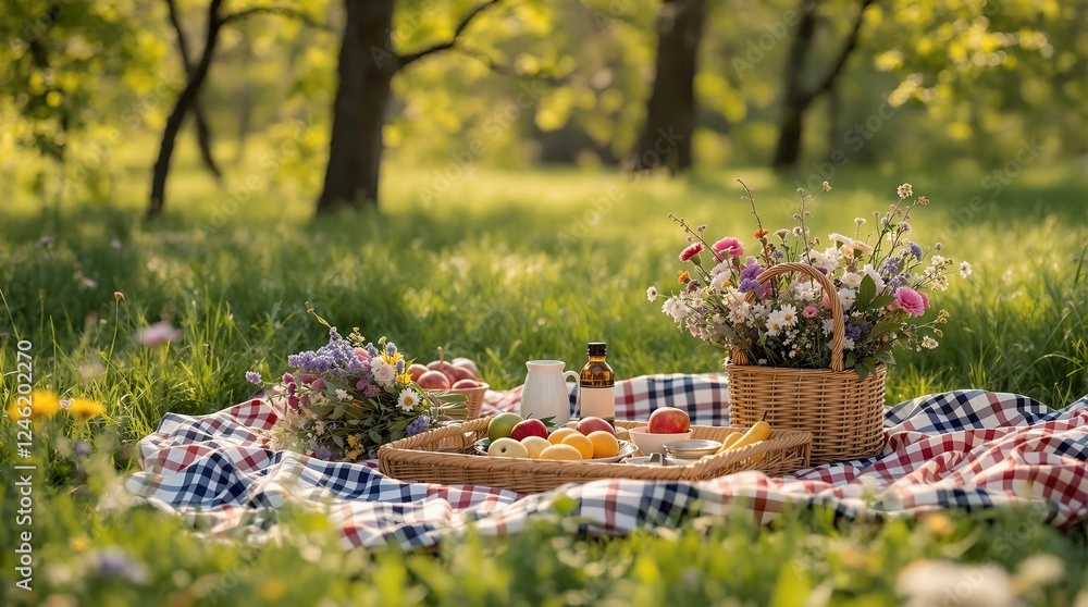 Poster a serene outdoor setting with a picnic blanket spread out on the grass, adorned with a basket of flo