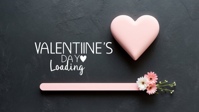 Minimalist flatlay style composition of valentines day loading with heart symbol and grey background