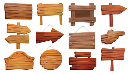 Fototapeta premium Wild west or old wooden board or empty sign. Vector set of retro billboard or vintage, rustic plaque. Cartoon timber information shield or signboard. Arrow for direction and guidance. Desert banner