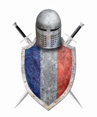  knight shield helmet and two swords  on white