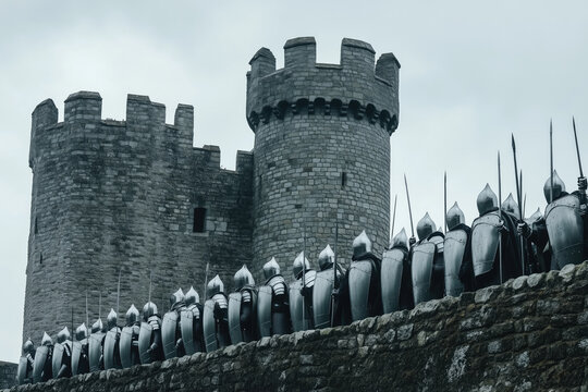 Rowing medieval knights standing in front of ancient stone castle during overcast day insert a sense of history and grandeur to the scene