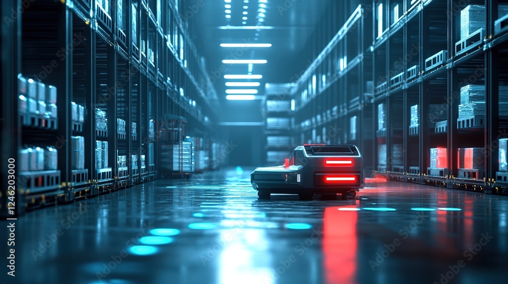Poster a futuristic ai-driven warehouse where goods are stored and retrieved automatically.
