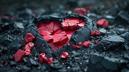 un cÅ“ur rouge brisÃ© en plusieurs morceaux sur un fond de pierres noires  HD 8K wallpaper Photographic Image