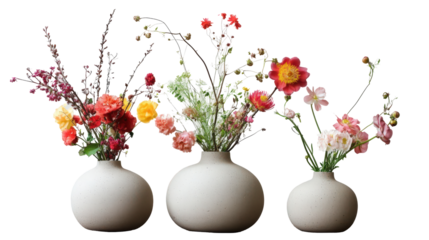 Three vases featuring colorful, mixed garden flower arrangements, studio shot against a white background, minimal, floral arrangement, bouquet.