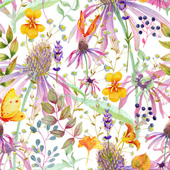 wild flowers, echinacea, nasturtium and lavender, with yellow butterflies and berries. delicate seamless pattern. Hand painted with watercolor. Provence style wallpaper design, packaging, paper