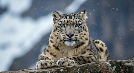 Fototapeta premium Majestic snow leopard in winter landscape, gazing intently.