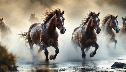 Wild horses gallop through a misty river, bathed in golden sunlight with dynamic splashes.