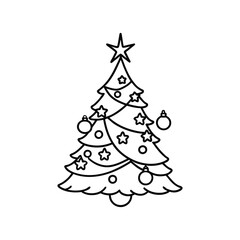 Simple black and white Christmas tree illustration with ornaments. coloring page for kids. KDP