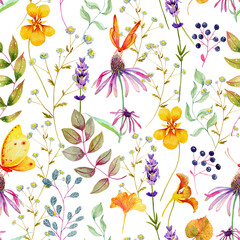 wild flowers, echinacea, nasturtium and lavender, with yellow butterflies and berries. delicate seamless pattern. Hand painted with watercolor. Provence style wallpaper design, packaging, paper