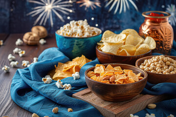 Salty snacks and chips served in plate