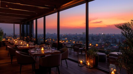 A luxurious rooftop restaurant with fine dining tables, candles on each table, and a spectacular view.