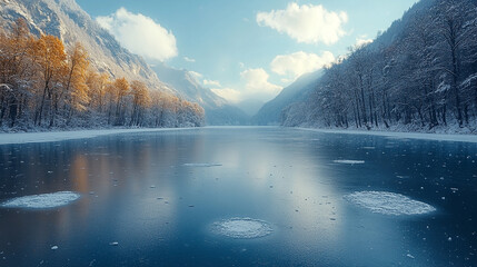 Frozen Lake Winter Landscape Serenity Mountains Snow Trees Cold icy calm blue view water white image
