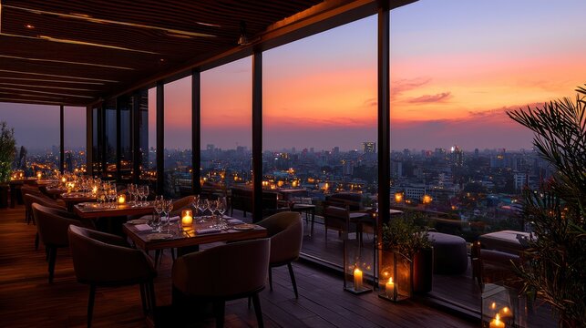 A luxurious rooftop restaurant with fine dining tables, candles on each table, and a spectacular view.