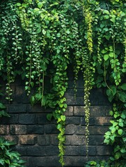 Lush green vines cascading over brick wall.