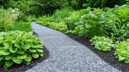 Obraz premium Winding garden path, lush greenery, tranquil background. Landscaping design