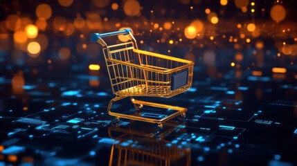 Golden shopping cart on a futuristic digital background