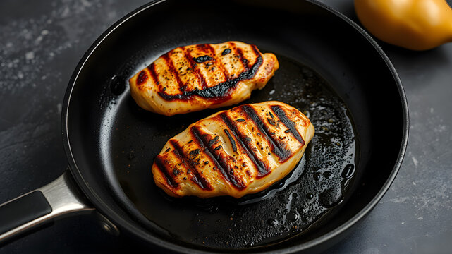 Frying pan with tasty grilled chicken breast on black background. Generative AI