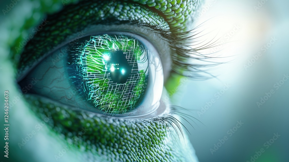 Poster a close up shot of a robotic chameleon eye, its iris adjusting to the sunlight hitting the tiny sola